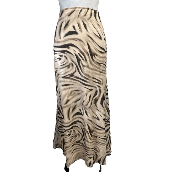 BooHoo Skirt size 10 Long Maxi Black Khaki Sheer Tiger Striped A Line Modest - Picture 1 of 10